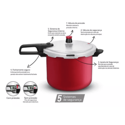 Panela De Pressão 7,6L Segura Vermelha Rochedo - ARNO