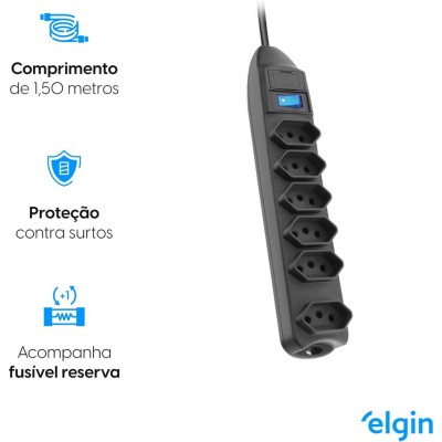 Filtro De Linha 6 Entradas Cabo 1,5m Preto 127V/220V Elgin